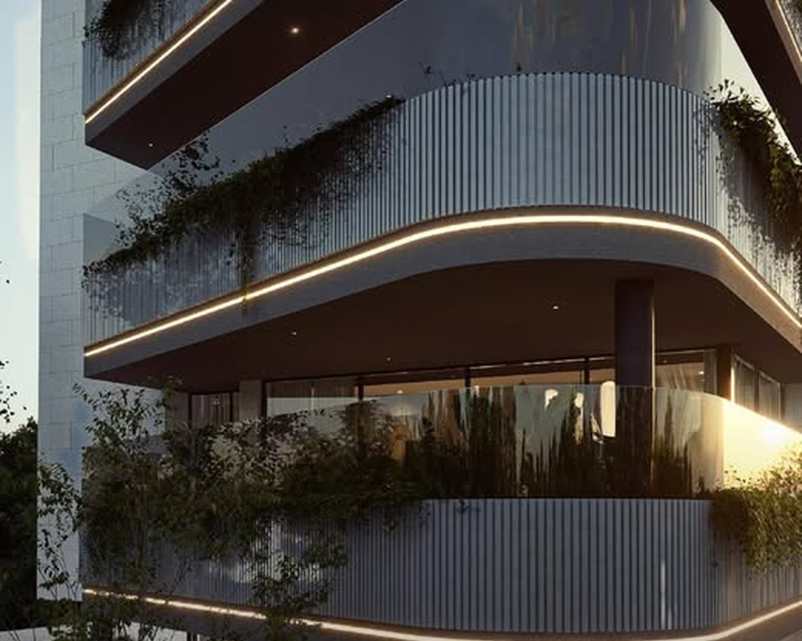 Jabal Amman 4 by warealestate at dusk, curved balconies with recessed lighting and planted terraces, Amman